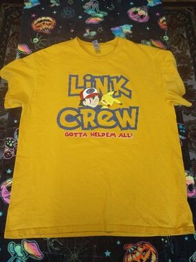 Yellow 'Link Crew' Graphic Tee with Pokemon Print